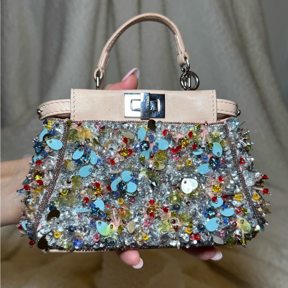Fendi Beige Leather Micro Peekaboo Embellished Crossbody - Picture 1 of 14